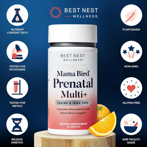 Best Nest Wellness Mama Bird Prenatal Vitamin - Iron Free, 30 Count, Methylfolate for Pregnant Women, Vegan