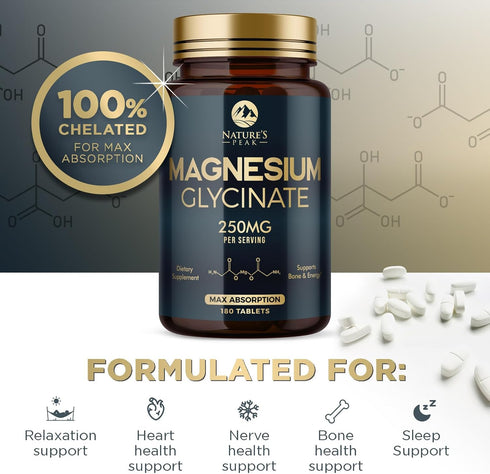 Magnesium Pills Extra Strength, Chelated for Ultra Absorption, Magnesium Glycinate Supplement, 180 Tablets
