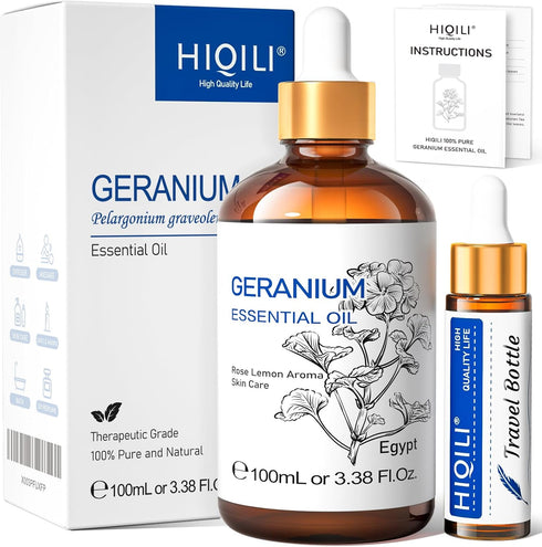 HIQILI 100ML Geranium Essential Oil - 100% Pure and Natural for Skin, Diffuser & Candle - 3.38 Fl. Oz