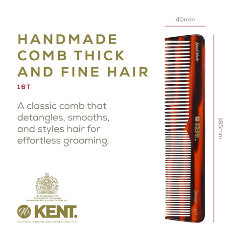 Kent 16T Tortoise Fine Tooth and Wide Tooth Comb for Daily Grooming, Saw Cut Hand Polished, Made in England