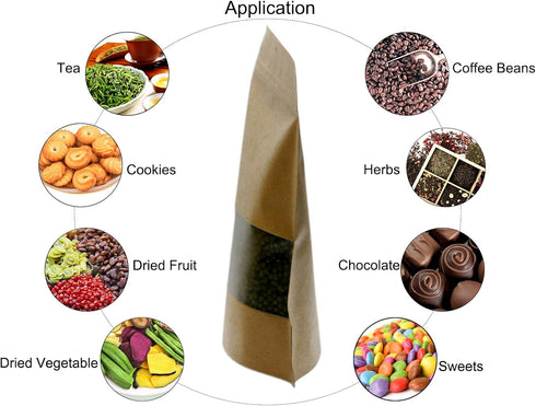 100pcs Kraft Paper Stand Up Pouches, Ziplock Food Storage Bags with Matte Window, Reusable, Heat-Sealable
