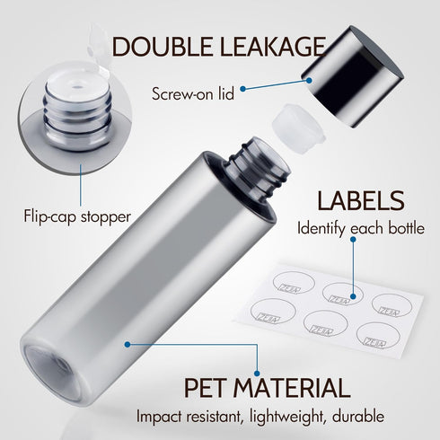 ZEJIA 200ML/6.8OZ Travel Size Toiletries, 6 Pack Plastic Travel Bottles, Double Leak Proof Travel Size Containers for Shampoo, Lotion, Body Wash, Refillable Empty Travel Bottles with 6pcs Labels