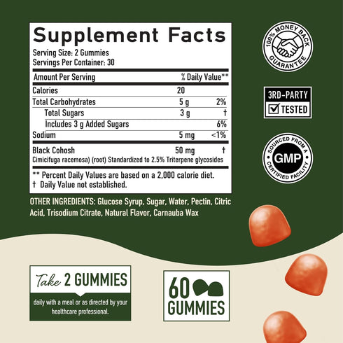 Black Cohosh Gummies for Women, Menopause Relief for Hot Flashes, 50mg Black Cohosh Root Extract, 60 Gummies