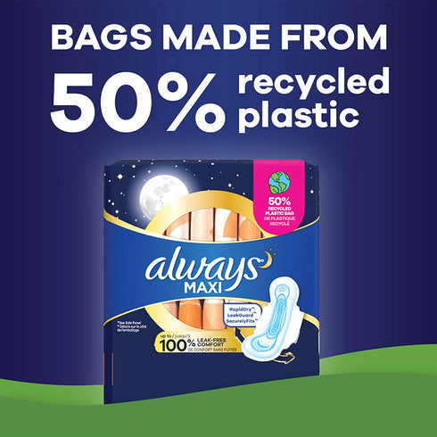 Always Maxi Pads Size 4, Overnight Absorbency, Unscented, 33 Count