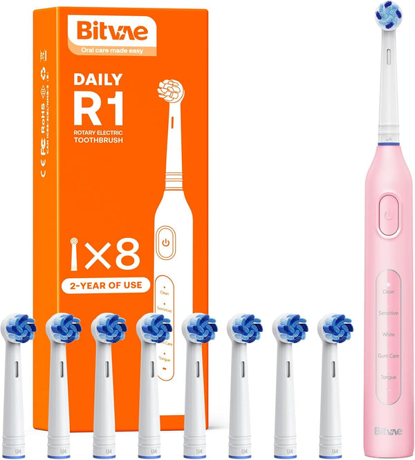 Bitvae R1 Rotating Electric Toothbrush with 8 Brush Heads, 5 Modes, Rechargeable Power Toothbrush, Pink