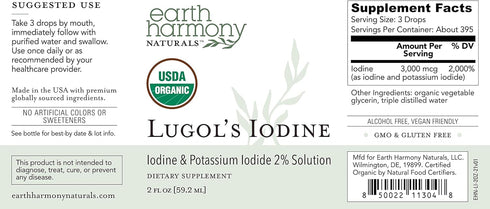 Organic Lugol's Iodine, Iodine and Potassium Iodide 2% Solution 3000 mcg - Liquid Supplement Drops for Thyroid Support for Women & Men, Metabolism Health, Detox Boost - Non-GMO, 395 Servings (2 Oz)
