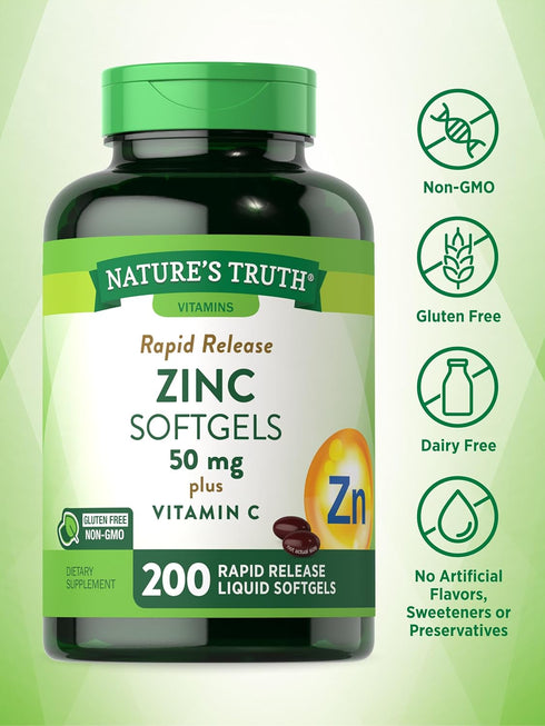 Nature's Truth Zinc 50mg with Vitamin C, 200 Liquid Softgels, Non-GMO & Gluten Free Supplement