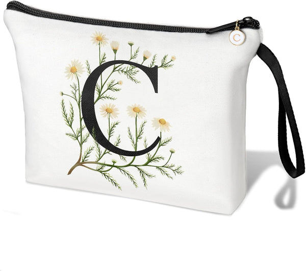 Initial Letter Makeup Bag for Women, A-Z Personalized Travel Cosmetic Bag, Initial Cosmetic Bag Gifts (White C)