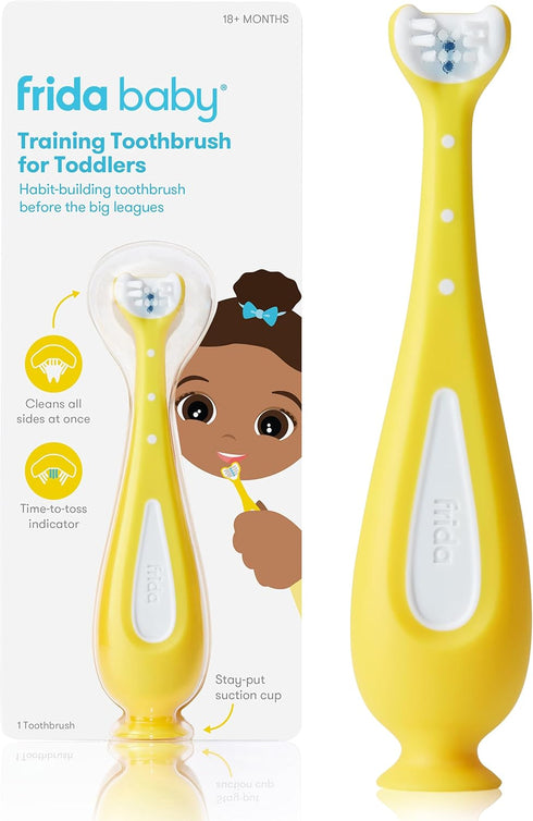 Frida Baby Training Toothbrush for Toddlers, Soft Silicone Bristles, Easy-Grip Handle, Yellow