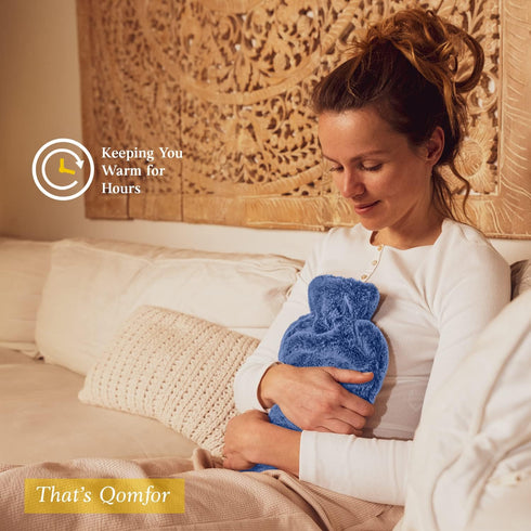 Hot Water Bottle with Soft Cover - 1.8L Large Classic Hot Water Bag for Pain Relief, Blue.
