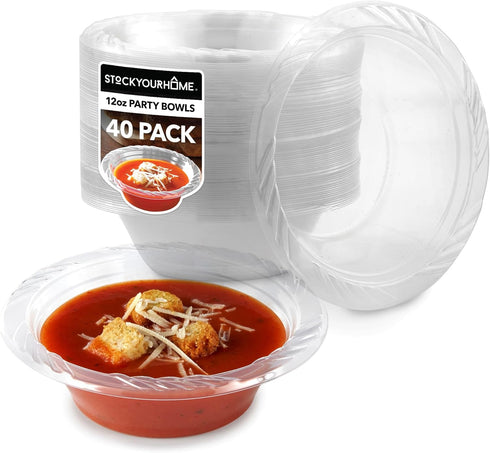 40 Pack 12 oz Elegant Clear Plastic Bowls, Disposable Small Bowls for Parties, Thick and Sturdy