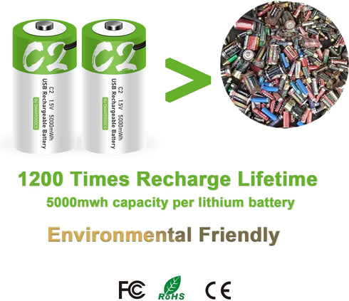 C Size Rechargeable Batteries - 2 Pack 5000mWh Lithium ion 1.5V with USB A to Type C Charger