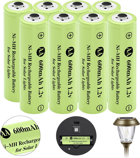 Ni-MH Rechargeable AA Batteries, 600mAh 1.2V Solar Batteries for Garden Landscaping, Outdoor Lights (8 Pack)