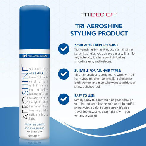 TRI Design Aeroshine Finishing Styling Hairspray, Ultra-lightweight, Spray-in Shine with Sun Protection for All Types of Hair, Formulated for Dry Frizzy Hair, 3 Fluid Oz