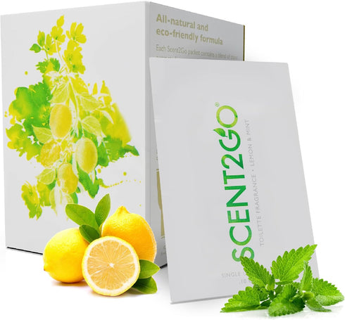 Scent2Go Toilet Fragrance Powder - Discreet Travel Size Packet, Plant Based Formula - Lemon + Mint, 20 Single Use