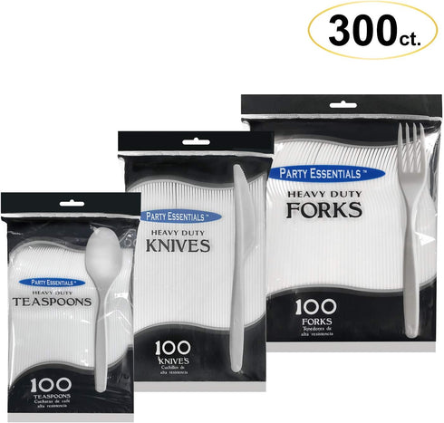 Party Essentials Plastic Cutlery Combo, 300 Pieces/100 Place Settings, Heavy Duty, White