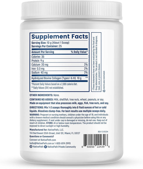 NativePath Collagen Peptides, Hydrolyzed Type 1 & 3 Collagen Powder, 8.8 oz, for Skin, Hair, Nails