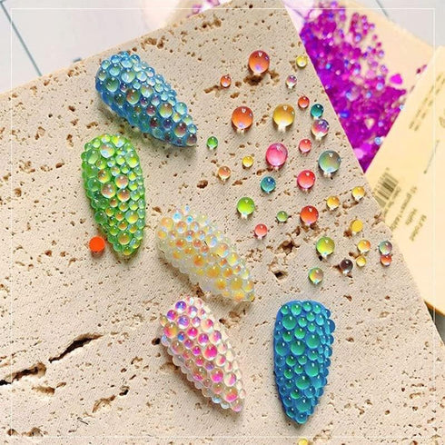 Mix Color Size 2400pcs Mermaid Rhinestones Flat Back Glass Iridescent Nail Stone Gems with 2000pcs Caviar Beads