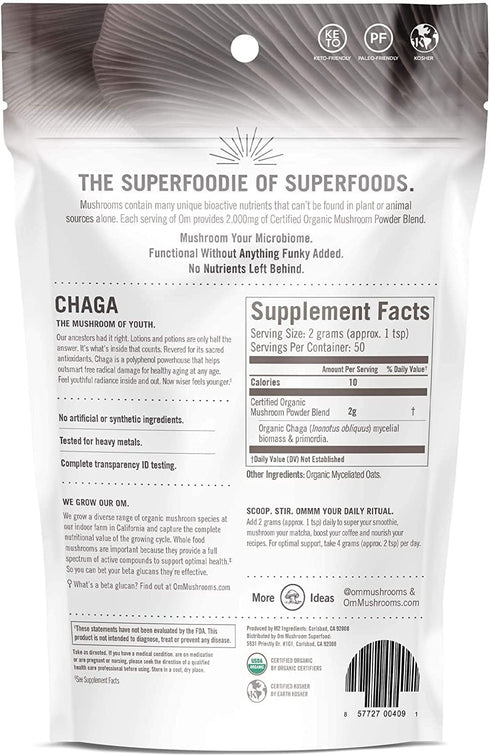 Om Mushroom Superfood Chaga Organic Mushroom Powder, 3.5 Ounce, 50 Servings, Immune Support