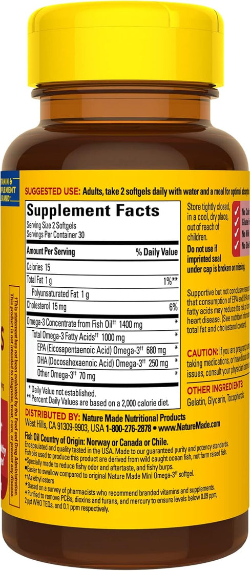 Nature Made Extra Strength Omega 3 Fish Oil 1400 mg Minis, 60 Softgels for Heart, Brain & Eye Support