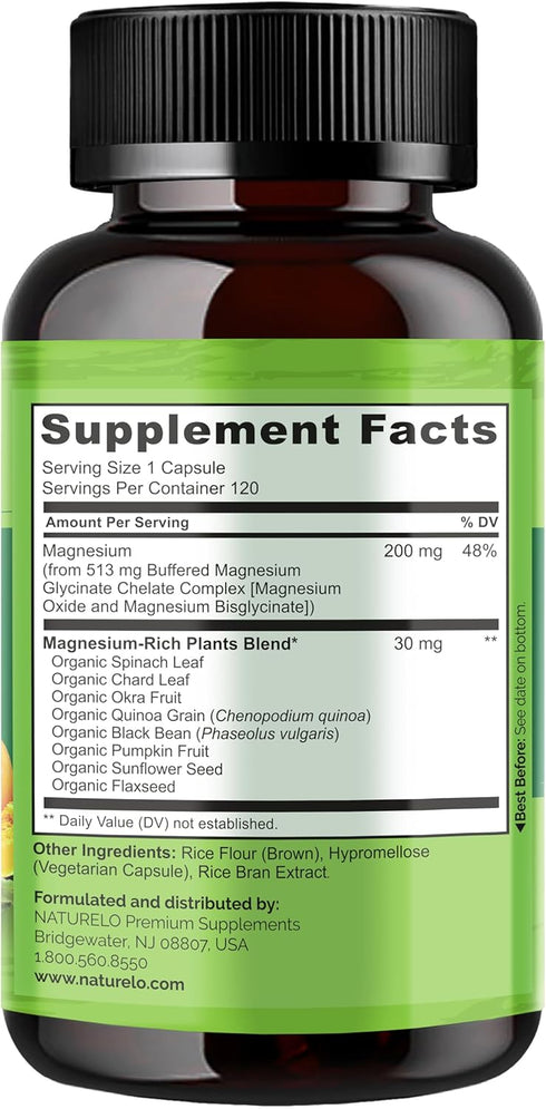 NATURELO Magnesium Glycinate Chelate Complex, 200 mg with Organic Vegetables for Sleep and Stress Relief