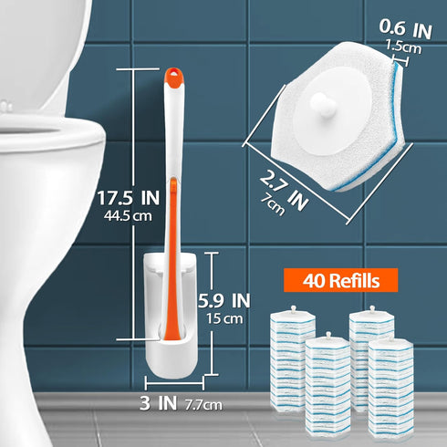 JEHONN Disposable Toilet Bowl Cleaner Wand with 40 Cleaner Refills, Wall Mounted Long Handle Bathroom Scrub Brush Set