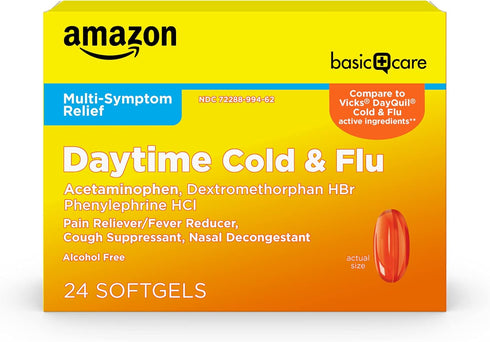Amazon Basic Care Daytime Cold and Flu Relief Softgels, Non-Drowsy Cold Medicine for Pain, Fever, Cough, Sore Throat,