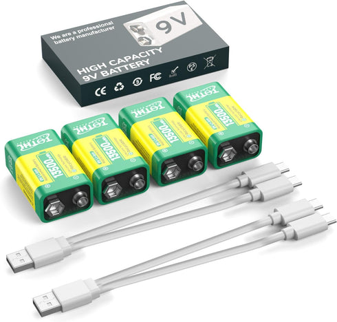 9V Battery for Smoke Detector, USB Rechargeable 9V Lithium Batteries, 13500mWh Long Lasting, 4 Pack