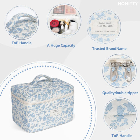 Large Floral Quilted Makeup Bag for Women, Cotton Cosmetic Bag Set, Flower Travel Toiletry Bag