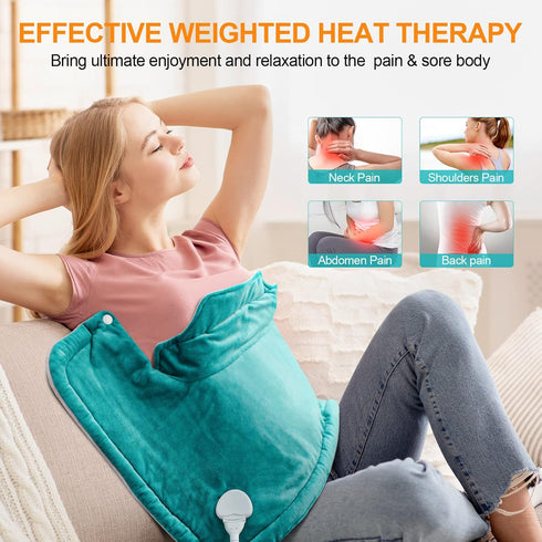 Weighted Neck Heating Pad for Back Pain Relief, Large 17"x23", 6 Heat Settings, Auto-Off, Blue, Christmas Gifts for