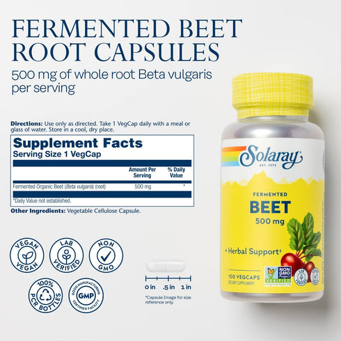 SOLARAY Fermented Beet Root Extract from Organic Beets - Vegan Beet Root Capsules for Energy, Endurance, Heart Health