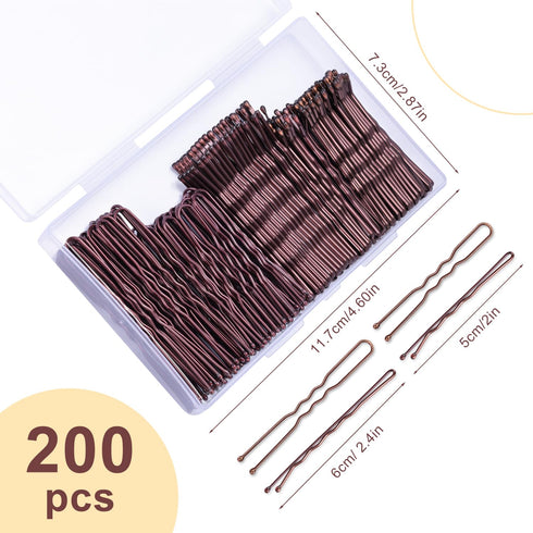 TsMADDTs 200PCS Bobby Pins, Brown U Shaped Hair Pins for Buns, with Storage Box, 2.4Inch and 2Inch
