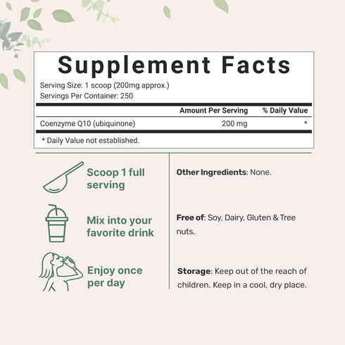 Micro Ingredients Water Soluble COQ10 Supplement - 50 Grams - 200mg Per Serving in Powder Form - Vegan Friendly Heart