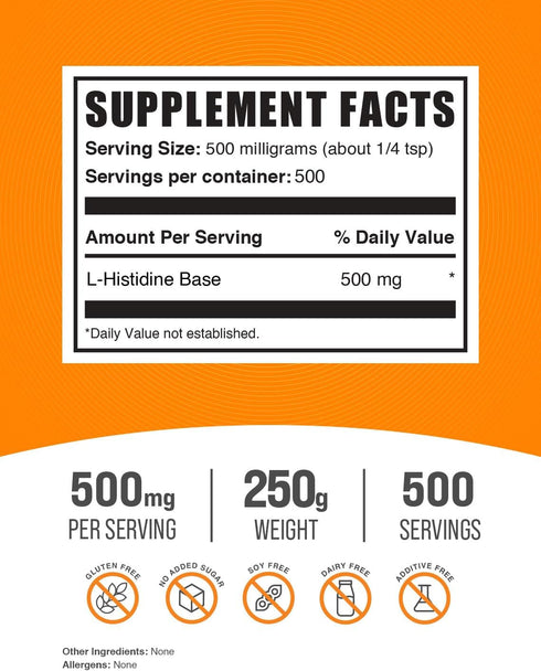 BulkSupplements.com L-Histidine Powder - Essential Amino Acid Supplement, Gluten Free, 500mg per Serving, 250g (8.8 oz)