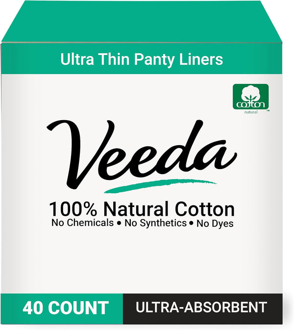 Veeda Natural Cotton Ultra Thin Panty Liners for Women, 40 Count - Hypoallergenic & Comfortable