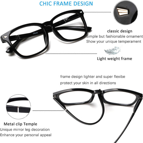 Henotin 4-Pack Blue Light Blocking Reading Glasses, Spring Hinge Computer Readers, Anti UV Ray Square Eyeglasses