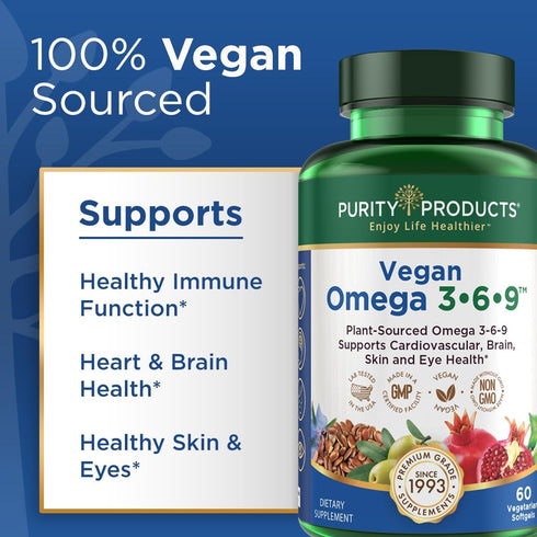 Purity Products Omega 3-6-9 Vegan and Vegetarian Formula - “5 in 1” Essential Fatty Acid Complex, 60 Count