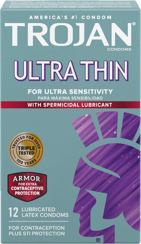 TROJAN 12 Count Ultra Ribbed Stimulations and Ultra Thin Sensitivity Spermicidal Condoms