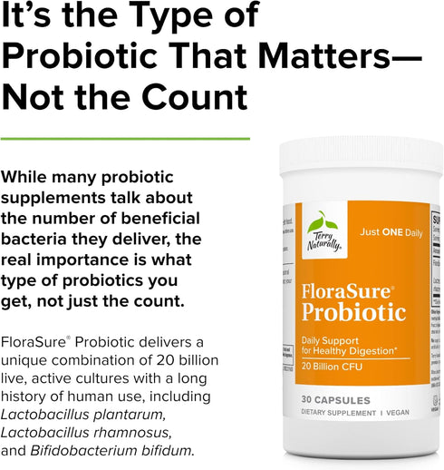 Terry Naturally FloraSure Probiotic, 30 Capsules, Daily Support for Healthy Digestion, Non-GMO, Vegan, Kosher