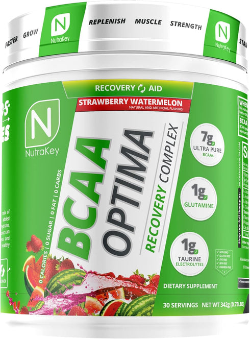 NutraKey BCAA Optima Post Workout Recovery Complex, No Sugar, No Carb, Strawberry Watermelon