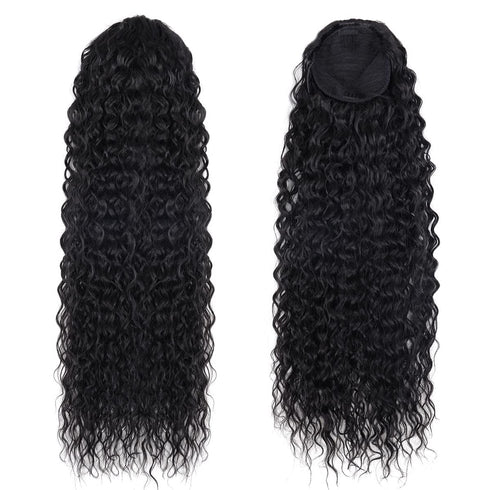 Long Curly Drawstring Ponytail - 30” Synthetic Clip In Extensions, Black Color for Women