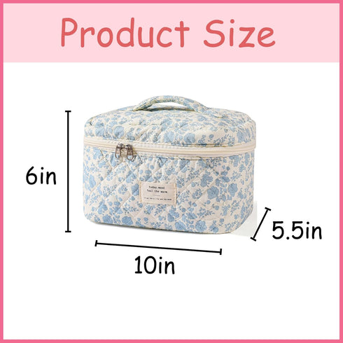 Large Travel Quilted Makeup Bag for Women, Floral Cotton Cosmetic Bag, Coquette Aesthetic Floral Toiletry Organizer Bag