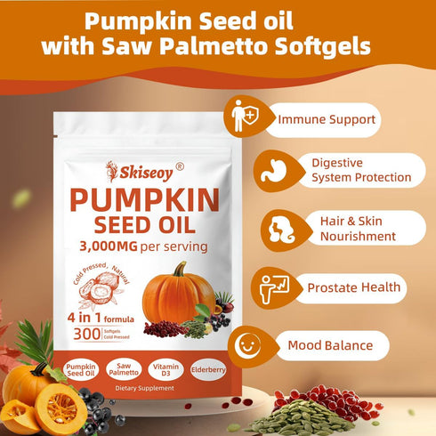 Skiseoy 300 4 1 D3 3000mg Immune Pumpkin Seed Oil with Saw Palmetto, Softgels | in Vitamin & Elderberry, Cold Pressed