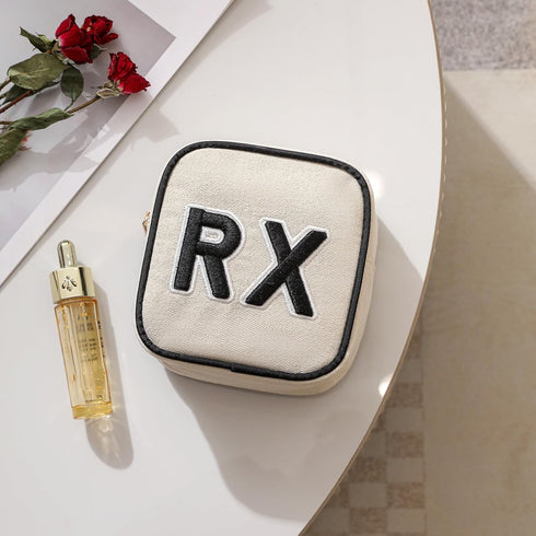 Personalized Small Canvas Cosmetic Bag, Cute Plaid Chenille Letter RX Drug Pouch with Zipper for Women and Girls