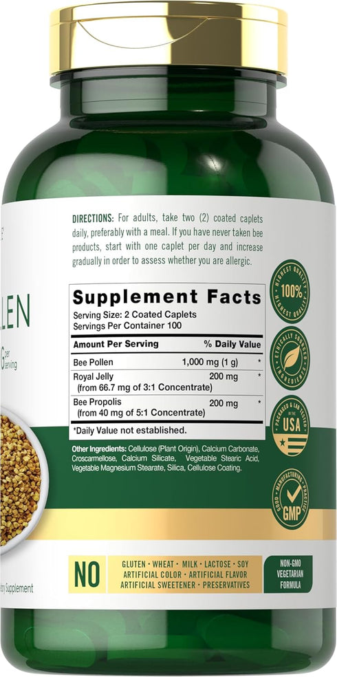 Carlyle Bee Pollen Supplement 1000mg | 200 Caplets | with Royal Jelly and Bee Propolis | Vegetarian, Non-GMO, Gluten Free