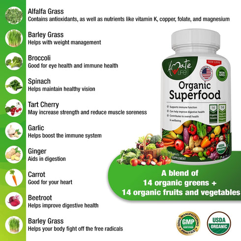 Organic Superfood Greens Fruits and Veggies Complex - Dietary Supplement with 14 Greens & 14 Fruits & Vegetables,