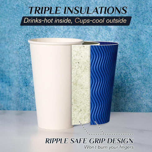 JollyPack 120 Pack 16 oz Paper Coffee Cups, Blue Disposable Beverage Cups with Insulated Ripple Wall for Coffee, Tea