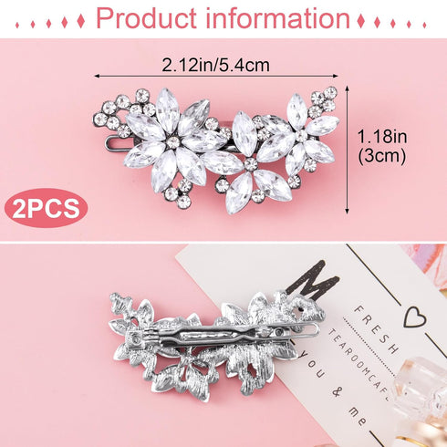 PAGOW Hair Clips, 2Pcs Crystal Flower Bridal Hair Accessories, Silver Rhinestone Hair Pins for Brides Women Girls