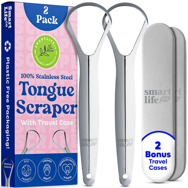 Stainless Steel Tongue Scraper for Adults & Kids, 2 Pack with Travel Case for Oral Care