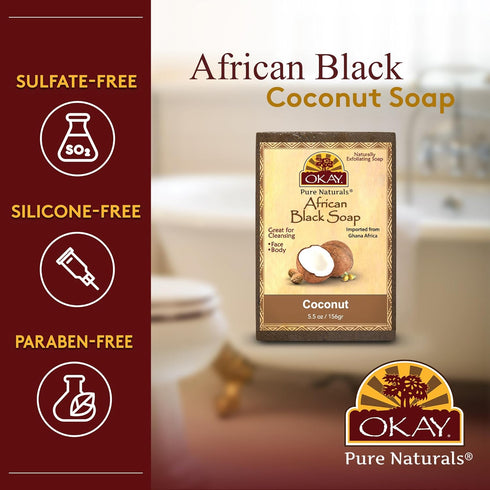 OKAY Pure Naturals AFRICAN BLACK SOAP, COCONUT, 5.5oz / 156gr